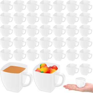 Amyhill Mini Disposable Tea Cups with Handle, 2oz Hard Plastic Coffee Mug Bulk Plastic Square Disposable Espresso Cups for Wedding Tea Party Catering Dessert Sampling(White,100 Pcs)
