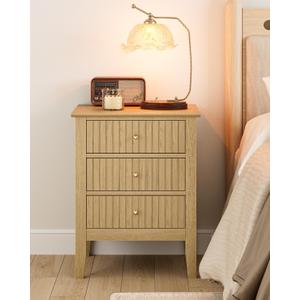 Fluted Nightstand, Farmhouse Night Stand with 3 Drawers, Mid Century Modern Side Accent Table,Bedside End Table for Bedroom, Living Room, Oak
