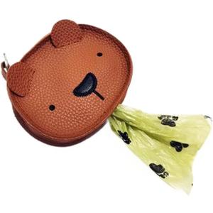 Cute Bear Leather Dog Poop Bag Dispenser Holder with Leash Clip Adorable bear design, smooth leather exterior, water-resistant nylon lining, easy refill, hands-free clip 3 Packs 