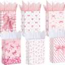 MotiMind 24 Pcs Pink Bow Paper Gift Bags with Tissue Papers Women Coquette Birthday Party Favor Bag with Handles Goodie Candy Sack for Bachelorette Bridal Shower Wedding(White Pink)
