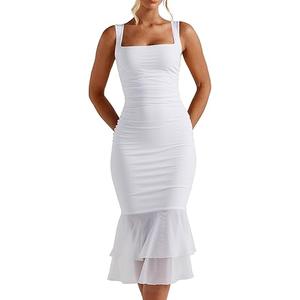 Kaximil Women's Sexy Bodycon Ruched Square Neck Midi Dresses Elegant Sleeveless Ruffle Cocktail Party Dress Small