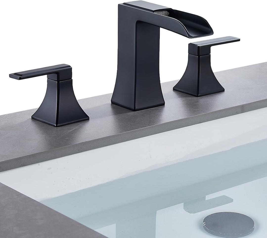 Black Waterfall Bathroom Faucet, Sanliv 3-Piece Widespread Bathroom Faucet for 3-Hole Sinks 4-8 inch, Modern 2-Handle Vanity Faucet with Pop-Up Drain, Matte Black