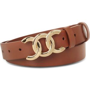 Women's Leather Belt with Buckle - Ideal for Dresses, Jeans, and Coats (28-31 (Pant 6-10), Aev-brown-gold)