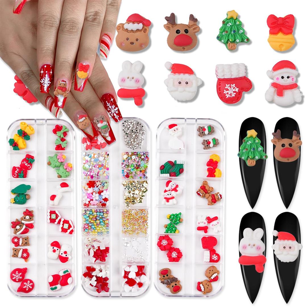 SILPECWEE 3 Boxes 36 Grids 3D Christmas Resin Nail Charms Nail Glitter Sequins Nail Pearls Studs Flat-back Nail Rhinestones Mermaid Beads Nail Jewelry for Acrylic Nails Nail Art Decoration