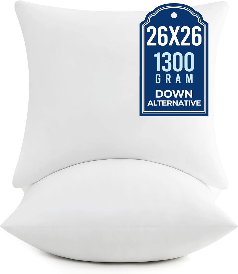 puredown Euro Pillow Inserts, 26 x 26 Inch Fluffy Throw Pillow Inserts Filled with Plump Stuffer, Square Decorative Pillows for Couch, Sofa, Bed and Home Decor
