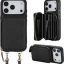 Bocasal Crossbody Wallet Case for iPhone 17 Pro, RFID Blocking Leather Purse Case with Card Holder, Protective Handbag Flip Cover with Zipper Wrist Strap Lanyard for Women 5G 6.3 Inch (Black)