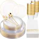 MirthMood 210Pcs Clear and Gold Plates for 30 Guests, Plastic Plates for Party, Includes:30 Dinner, 30 Dessert, 30 Paper Towels with 90 Silverware & 30 Cups