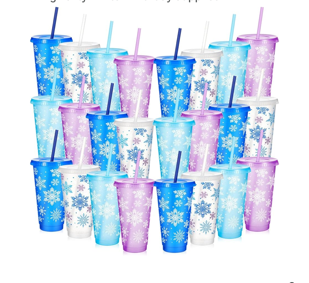 Chuangdi 24 Set Snowflakes Plastic Cup Bulk Christmas Cups with Lids Straws 24 oz Christmas Reusable Party Cup Coffee for Hot Cold Beverage Drinking Party Winter Birthday Supplies