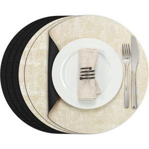Myir JUN Round Placemats, Dual Sided Faux Leather Place Mats Set of 6 Indoor/Outdoor Non-Slip Washable Table Mats (Cream-White Black, Set of 6)