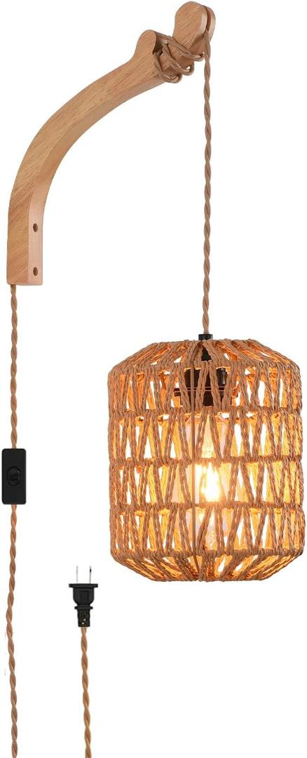 Plug in Wall Sconce,Farmhouse Wicker Wall Lamp Plug in,Hand Woven Rattan Wall Light Farmhouse Rustic Boho Sconces Wall Lighting for Living Room Bedroom (1 PACK)