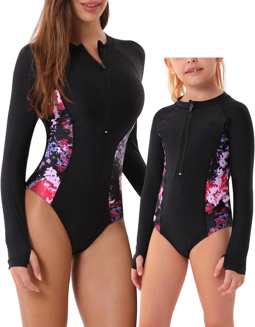 Women and Girls Matching Swimsuit: Long Sleeve One Piece Rash Guard Bathing Suit UPF 50+ (Please Order Separately) (6-8 Years, Black-mommy/Daughter)