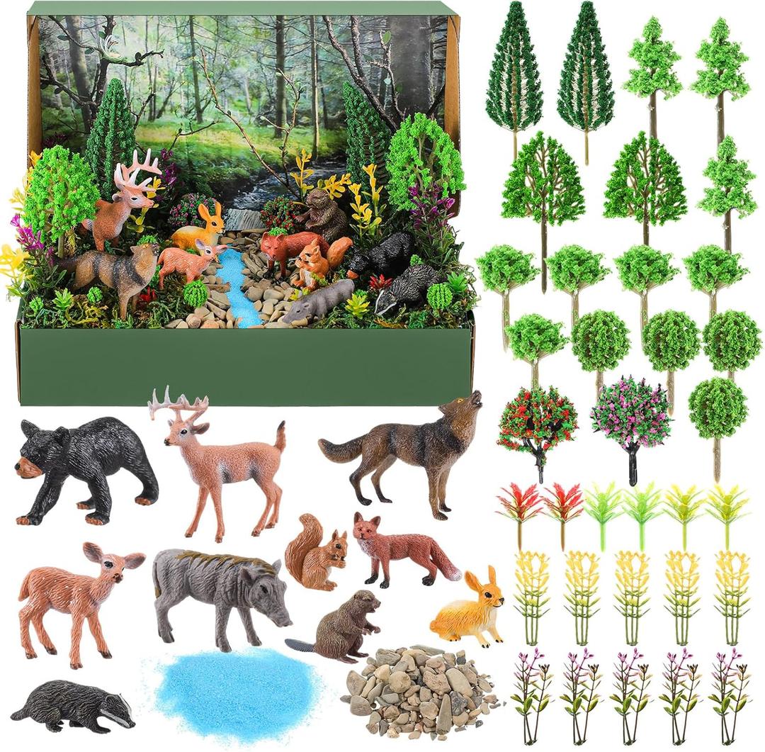 Teyva Daily 48 Pcs Forest Diorama Kit Habitat Project Box Set Forests Diorama Supplies Include Woodland Animal Model Figures Artificial Trees Fake Rocks with Cardboard for DIY Crafts Gifts