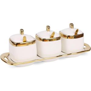 Fvstar Sugar Bowl with Lid and Spoon, Ceramic Salt Containers for Countertop, Salt and Sugar Container Sets, White Seasoning Bowls, Gold Condiment Containers for Kitchen Coffee Bar