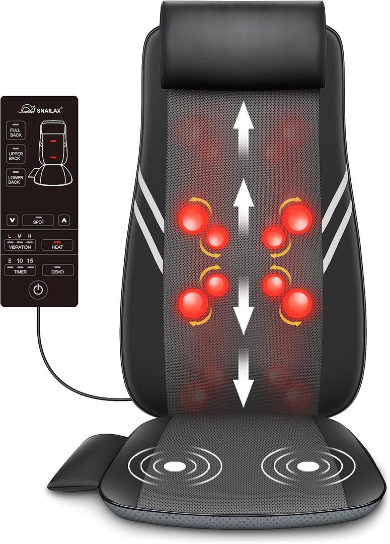 Snailax Back Massager with Heat,Shiatsu Massage Seat Cushion,8 Flexible Nodes Massage for Full Back Massage Chair Pad,Chair Massager for Office,Home Use