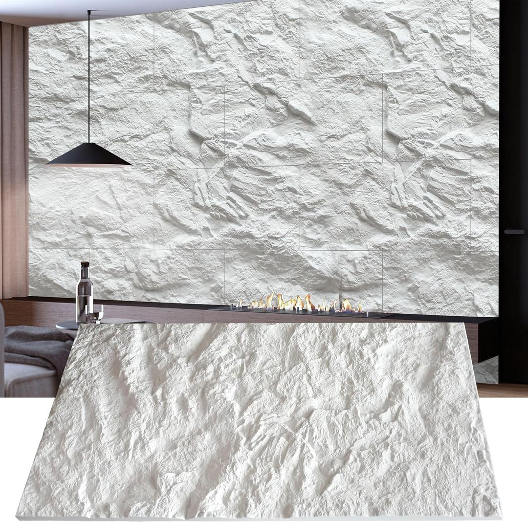 KASARO 3D Faux Stone Wall Panels, 4 PCS PU Wainscoting Panel - Cement Texture Thicker Design for Interior Wall Decor, Home & Office Accent Wall, Easy Install, 43.3" x 23.6" (White)