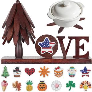 Wooden Trivets for Hot Dishes, 4 Piece Set Foldable Kitchen Wooden Trivet Interchangeable Love Sign, for Hot Dishes, Pot, Bowl, Teapot, Hot Pot Holder, for Home Table Valentines Day Mom Decor.
