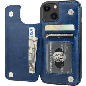 ONETOP Compatible with iPhone 13 Wallet Case with Card Holder, PU Leather Kickstand Card Slots Case, Double Magnetic Clasp Durable Shockproof Cover 6.1 Inch(Blue)