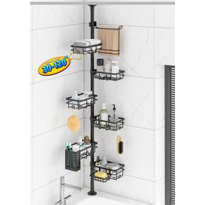 Corner Shower Caddy Organizer Tension Pole, Adjustable 6 Shower Shelves Corner Shelf 30-120Inch Rustproof Shower Rack for Inside Shower, Extra Towel Bar Soap Dish Bathroom Organizers and Storage Black