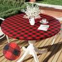 Smiry Round Picnic Tablecloth, Elastic Waterproof Fitted Vinyl Tablecloths for 36"-44" Tables, Flannel Backed Buffalo Plaid Table Cover for Dining, Camping, Outdoor, Black and Red