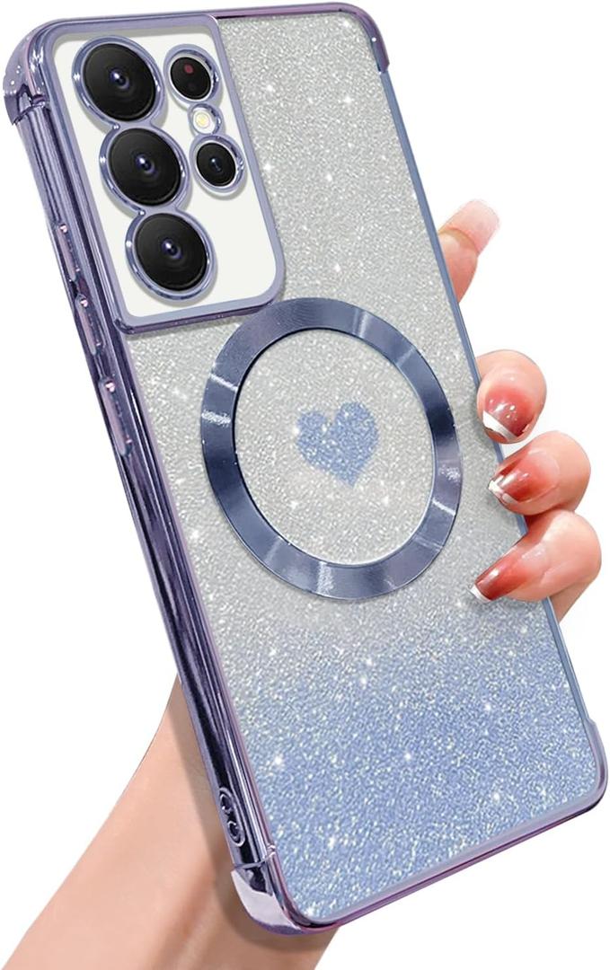 ZONRW for Samsung Galaxy S21 Ultra Case Magnetic,for Women Girl Soft Luxury Plating Bling Gradient Glitter Cute Heart Cover Compatible with MagSafe Clear Shockproof Protective Phone Case 6.8-Blue