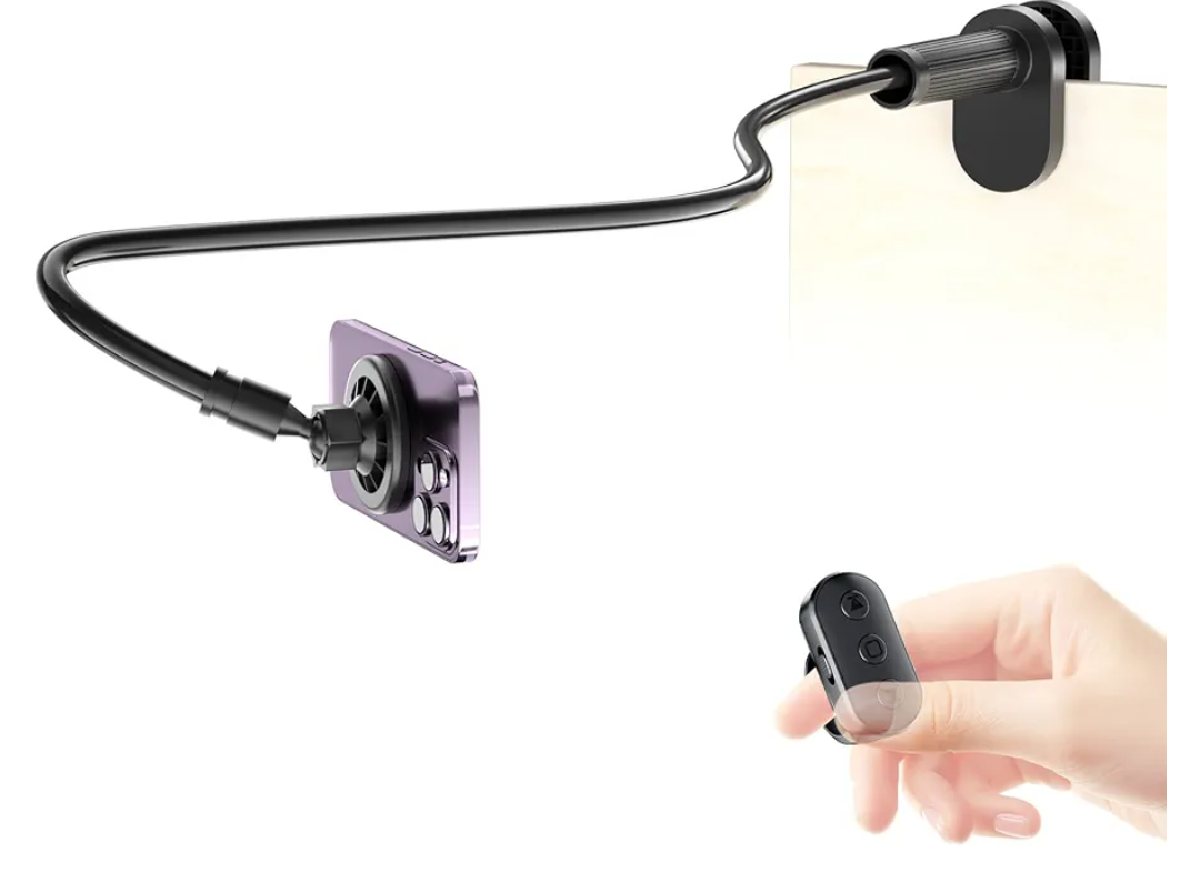 Magnetic Phone Holder for Bed Laying Down with Remote Page Turner, Bedside Gooseneck Phone Stand with Clicker for Reading, Flexible Mount with Wireless Scrolling Ring for iPhone/Tiktok/Short Video