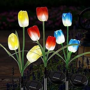 FORUP 3 Pack Solar Garden Stake Lights, Outdoor Solar Tulip Flower Lights with 9 Tulip Flowers, LED Tulip Solar Powered Lights for Patio, Lawn, Garden, Yard Decoration