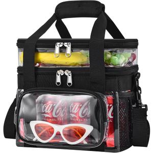 Clear Lunch Bag - Large Clear Lunch Bag for Work Double-Deck Reusable Lunch Bag with Adjustable Strap, Front Pocket and Top Compartment for Picnic, Beach, Work, School2-3 People Use