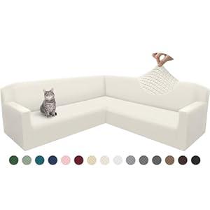 Arfntevss Corner Sectional Couch Covers L Shape Sofa Cover Magic Stretch Sectional Slipcover Set Feature Jacquard Design U Shaped Sofa Covers Living Room Soft Thickened Protector (Ivory White, Large)