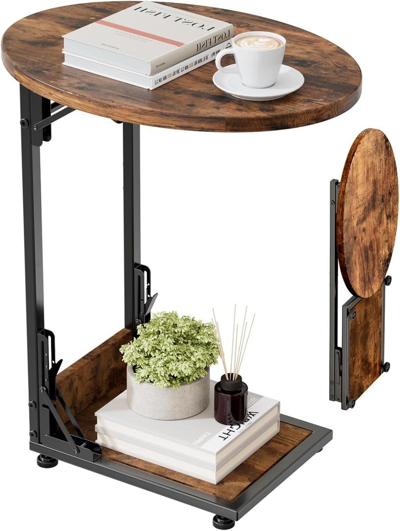 Elbourn Folding Side Table End Couch Tables,Metal Frame C-Shaped TV Stand for Sofa Living Bedroom Bedside Coffee Small Spaces(Vintage Wood Color) (Large)