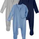 Yoofoss Rayon Made From Bamboo Baby Pajamas 3pcs Newborn Sleepers For Boy Girl Clothes, 0-3 3-6 6-9 Months Footed Pjs (Blue&grey&navy)