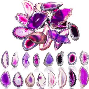Hicarer 16 Pcs Agate Slices Polished Agate Slices with Holes Irregular Pendants Stone Bulk Drilled Geode Slivers for Christmas Women DIY Craft Gifts Jewelry Making(Purple)