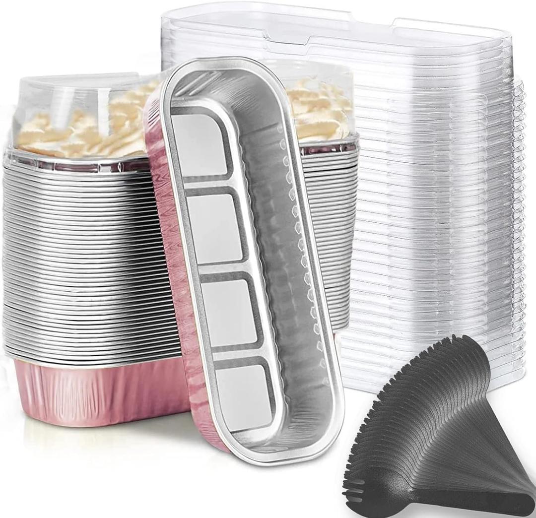 Mini Loaf Baking Pans with Lids and Spoons (50 Pack, 6.8oz) Rectangle Aluminum Foil Baking Pans Tins Containers - Cupcake Containers Wrappers Cheesecake Creme Brulee Ramekins (Pink)
