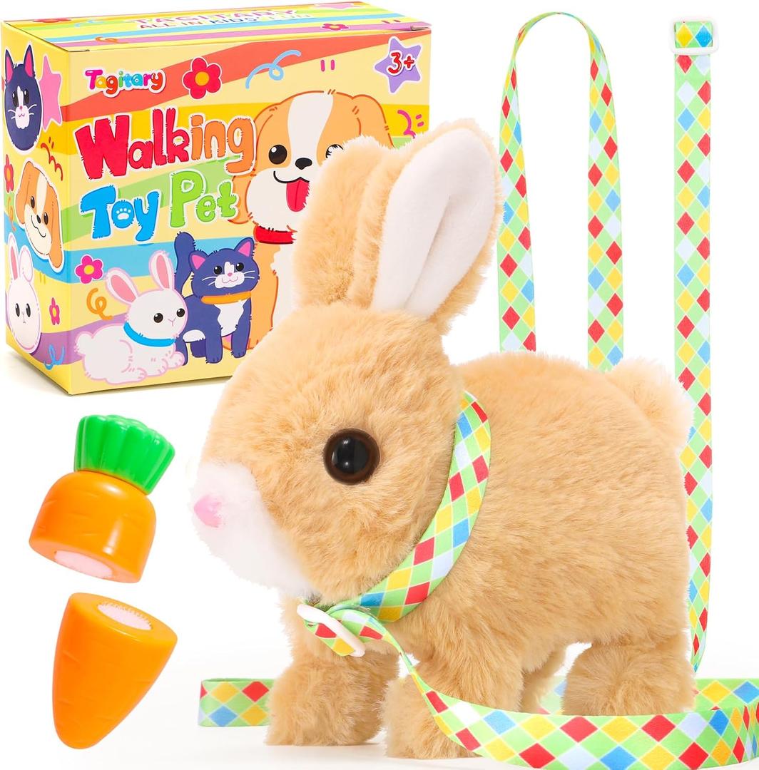Tagitary Plush Toys Bunny Electronic Toy with Sounds,Wiggling Ears,Hopping,Twitching Mouth and Nose, Interactive Rabbit Toy for Kids with Leash,Easter Birthday Gift for Toddlers Kids (Yellow)