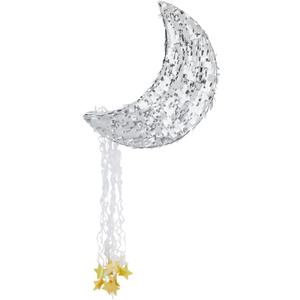 Juvale Pull String Moon Pinata for Twinkle Twinkle Little Star Birthday, Baby Shower Party Decorations (Silver Foil, 17x11x3 in) - Moon Pull String Pinata