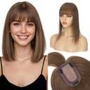 S-noilite Human Hair Toppers for Women with Bangs 100% Real Human Hairpiece 5"x3" Clip in Silk Base Topper Piece Cover Thinning Fine Hair 10 inch Chestnut Brown