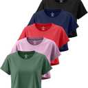 Real Essentials 5 Pack: Women's Dry Fit Crop Top - Short Sleeve Crew Neck Stretch Athletic Tee (Medium)
