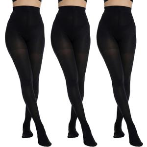 oeat 3 Pairs Women's Black Opaque Tights -80 Denier Solid Color Soft High Waist Control Top Pantyhose for Women(Black-XL)