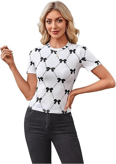WDIRARA Women's Bow Print Short Sleeve T Shirts Crew Neck Tee Going Out Fitted Tops L