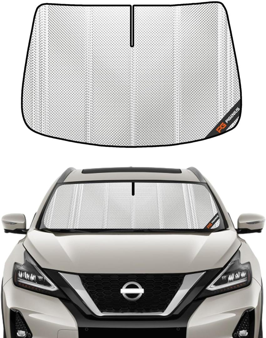 Windshield Sun Shade for Nissan Murano 2019-2024 with Rearview Mirror Camera Option. Full Coverage Rearview Mirror Shade for Ultimate Protection (Shiny Silver (Upgrade))