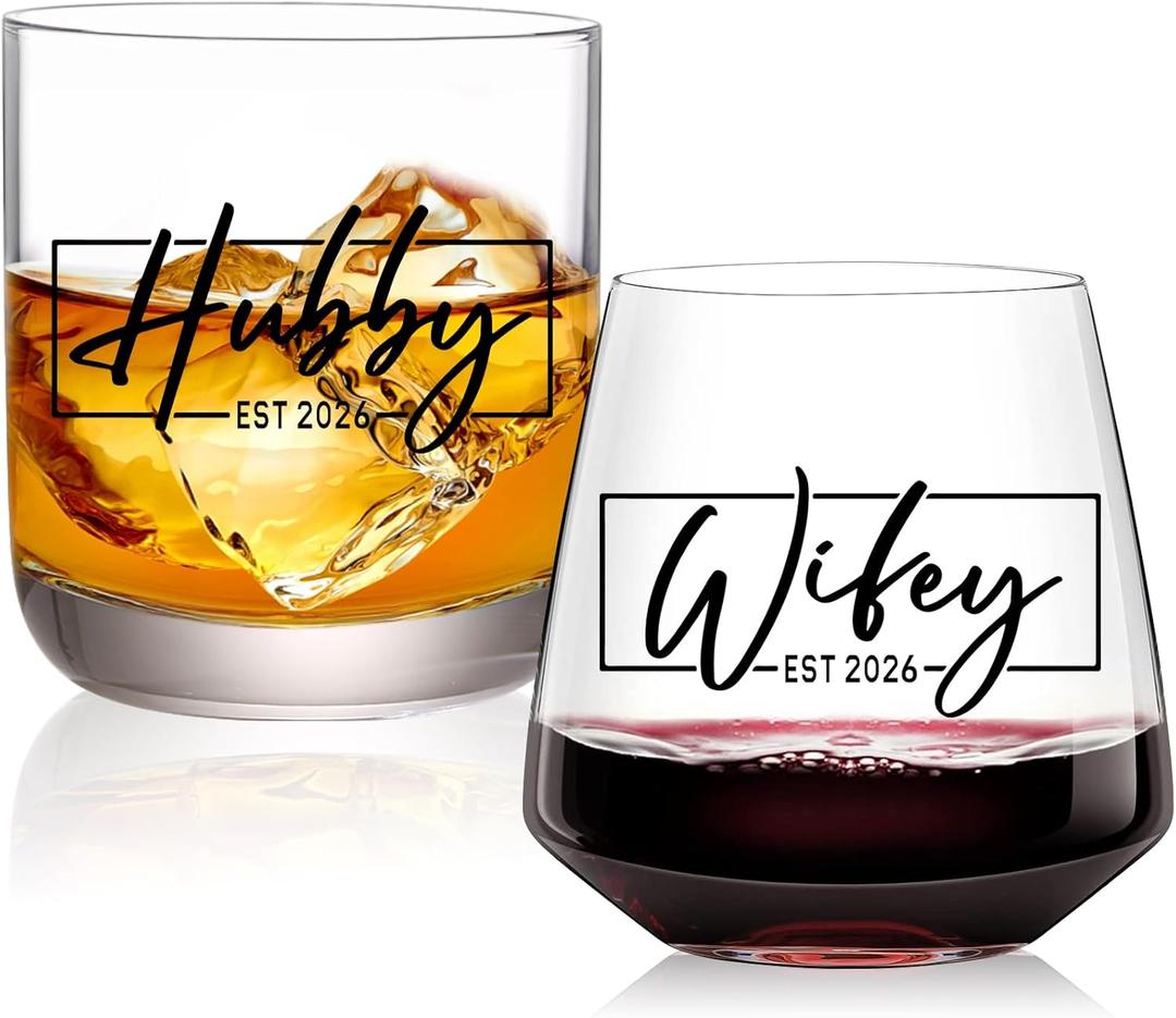 Wedding Gifts for Couples 2026,Hubby & Glass Set,Bridal Shower Gifts for Bride and Groom, Newly-Married Gifts for Him and HerMr and Mrs Gifts,His and Hers Glass
