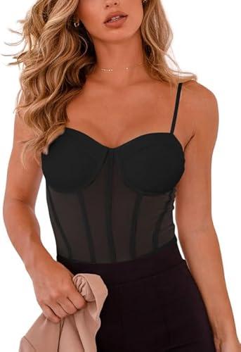 REORIA Women's Trendy Sexy Mesh Sheer Spaghetti Strap Going Out Slimming Bustier Corset Bodysuit With Built In Bra XL