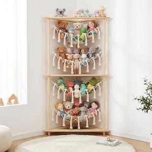 YKBU Wooden Corner Stuffed Animal Storage Organizer, 4-Tier Boho Macrame Toy Hammock Display Shelf, Free-Standing Open-Access Teddy Bear Zoo Holder for Nursery, Playroom & Kids Bedroom, Medium
