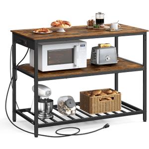 VASAGLE Kitchen Island with 3 Shelves, 47.2 Inches Width Kitchen Shelf with Power Strip, Large Worktop, Stable Steel Structure, Industrial, Easy to Assemble, Rustic Brown and Black UKKI101K01, 47.2"w X 34.9"h