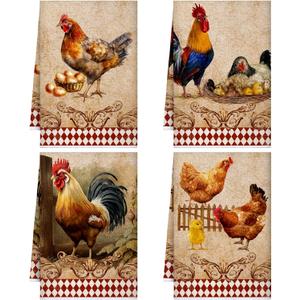 Geyoga 4 Pcs Chicken Kitchen Towels Rooster Dish Hand Towels Farm Animal Cow Vintage Rustic Tea Cloth for Spring Easter Bathroom Farmhouse Decor Gifts, 16 x 24 Inch(Classic Color,Rooster)