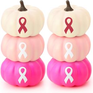6 Pcs Artificial Pink Pumpkins Bulk Breast Cancer Awareness Decorations 3 Colors Pink Pumpkins with Ribbon for Fall Halloween Table Centerpieces Breast Cancer Party Decor