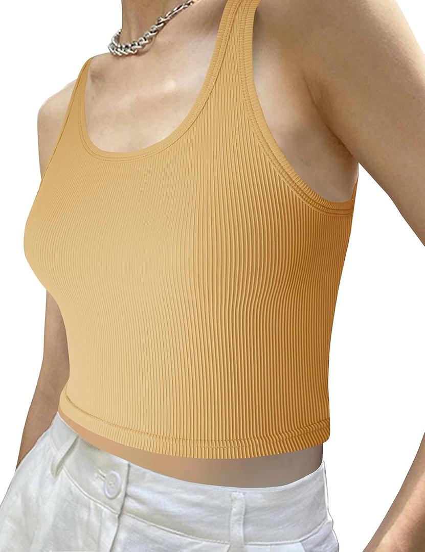 tagunop Women's Sleeveless Tank Tops Scoop Neck Basic Cami Tee Shirts Casual Ribbed Slim Fitted Top (Yellow, L)