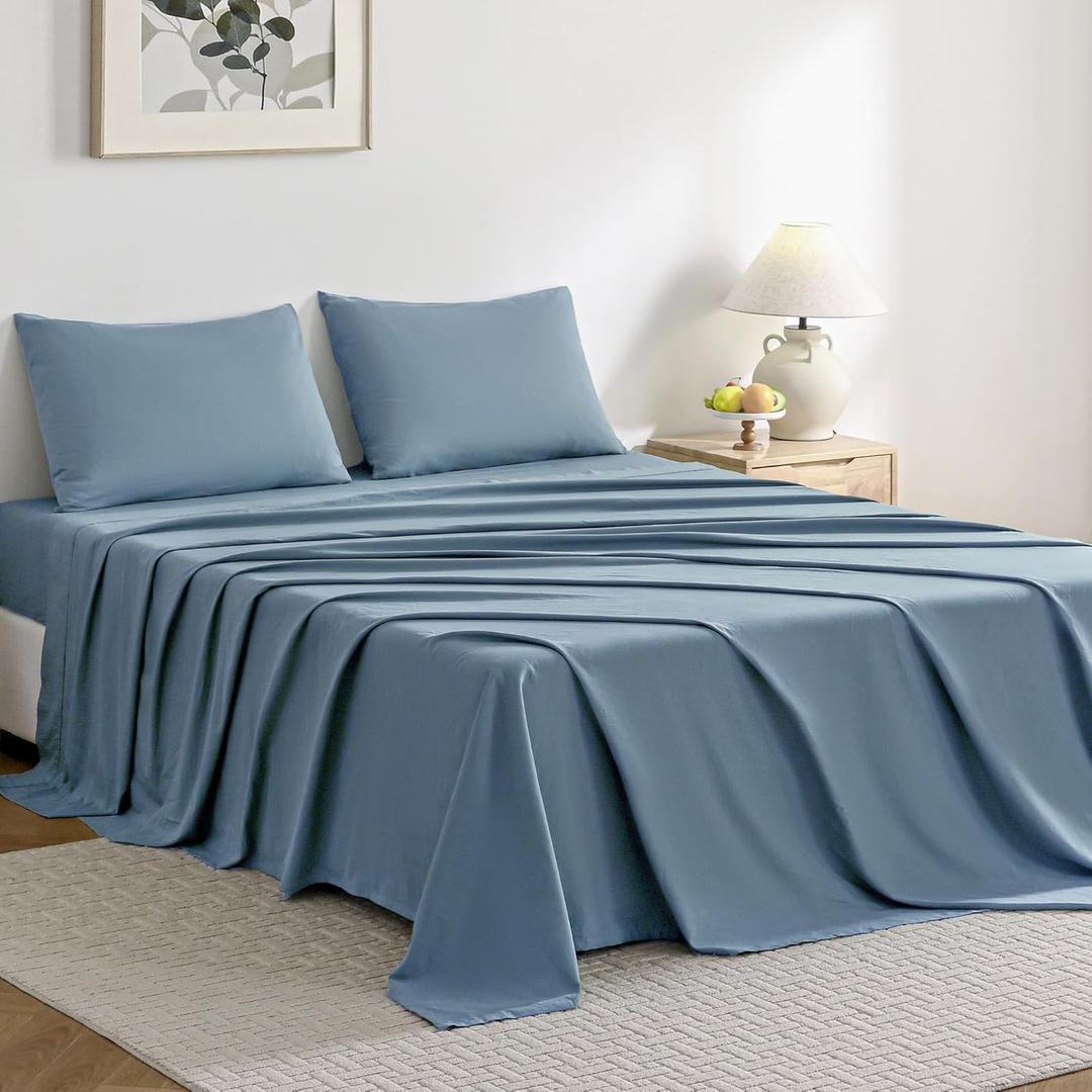 Sheet Set Queen Size 4pcs Cotton Grayish Blue Easy-Fit 16 Inch Deep Pocket 100% Washed Cotton Soft Breathable (1 Fitted Sheet, 1 Flat Sheet, 2 Pillowcases)