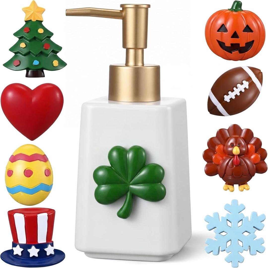 Gejoy St. Patrick's Day Easter Seasonal Soap Dispenser Magnetic Interchangeable Set - Ceramic Hand Soap Dispenser with 9 Seasonal Resin Ornaments & Magnetic Pads-Festive Bathroom & Kitchen Dec(Gold)