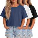 3 Pack Girl's Crop Tops Oversized Short Sleeve T-Shirts Loose Crewneck Workout Shirts Casual Boxy Rolled Sleeve Tees (White, M  11-12Y)