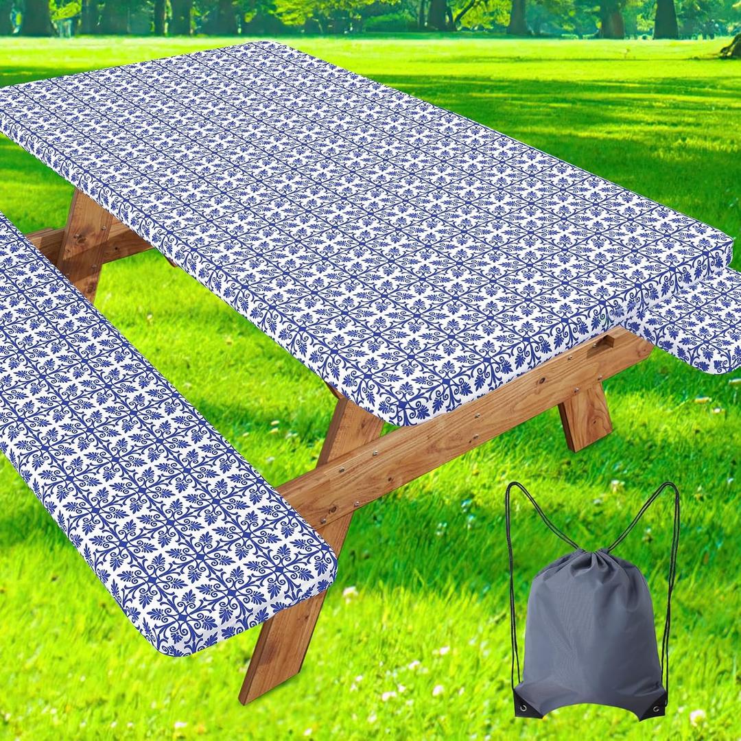 misaya Picnic Table Cover with Bench Cover, Waterproof Elastic Fitted Tablecloth for 6 Foot Tables, Rectangle Washable Polyester Tablecloths for Picnic, Camping, Outdoor (Blue, 30" x 72") (Blue and White)